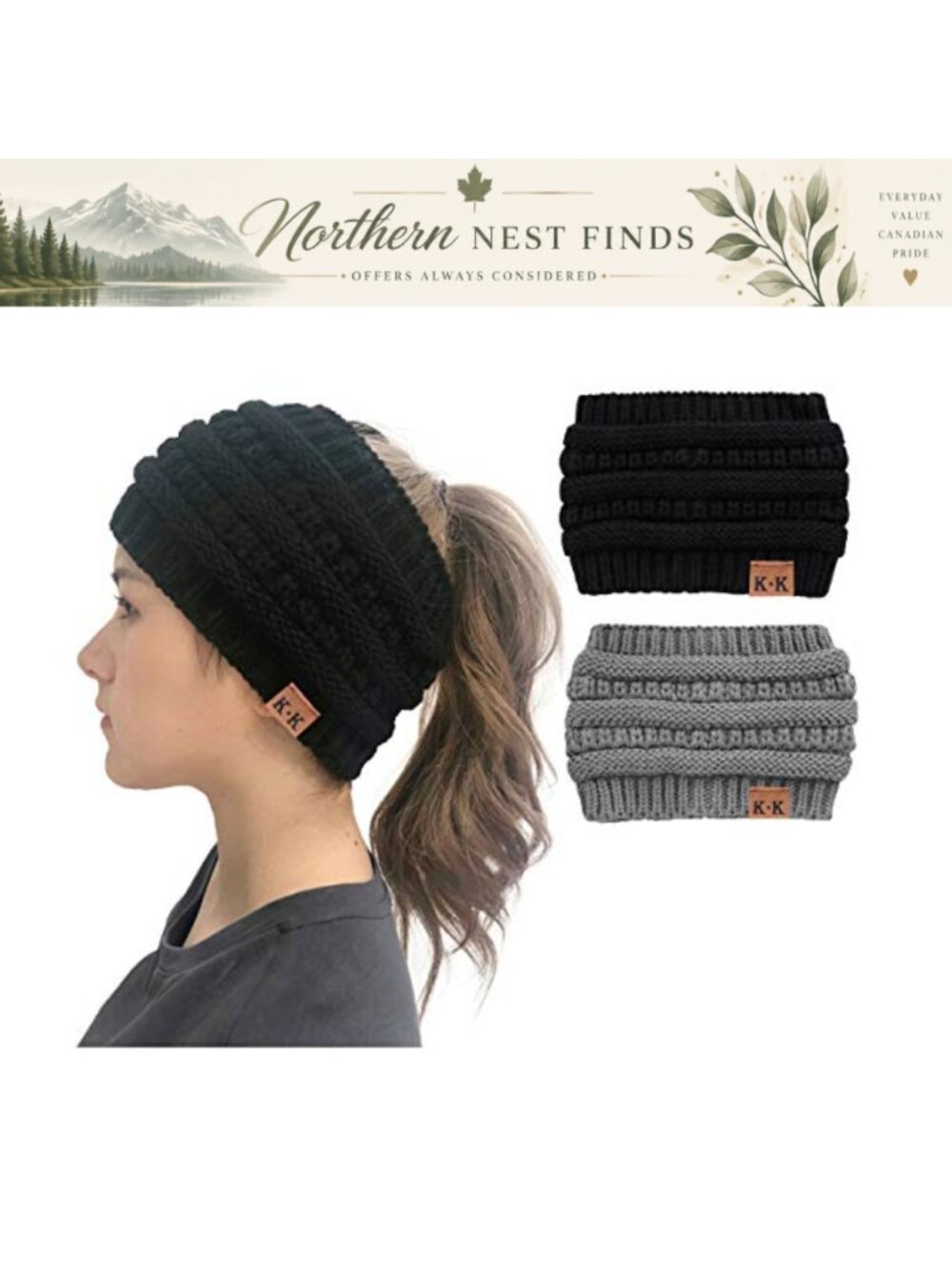 Womens Winter Knitted Beanie Headband Warm Ear Warmer Ponytail Toque